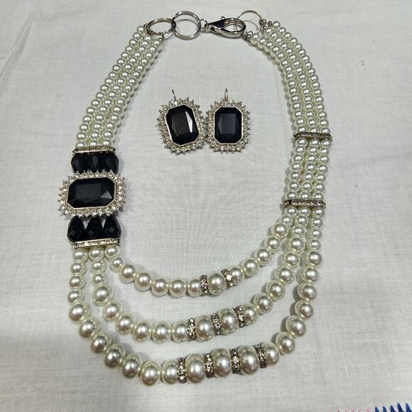 Layer Faux Pearl Black Bead Rhinestone Necklace Matching Earrings Statement Set - Picture 2 of 16